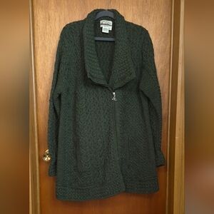 Aran Crafts Women's Hunter Green Moto Style Zip Up Cable Knit Sweater